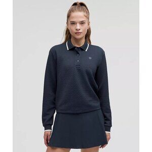 Textured Long-Sleeve Tennis Polo - True Navy/White
